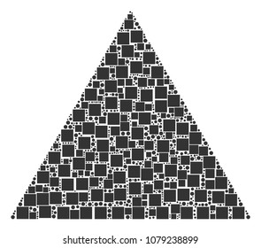 Filled Triangle mosaic icon of squares and circle particles in various sizes. Vector objects are organized into filled triangle composition design concept.