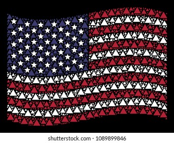 Filled triangle pictograms are arranged into waving United States flag abstraction on a dark background. Vector collage of America state flag is constructed from filled triangle items.