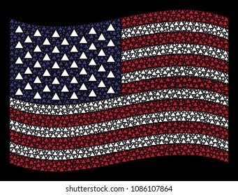 Filled triangle symbols are grouped into waving United States flag abstraction on a dark background. Vector concept of American state flag is made from filled triangle elements.