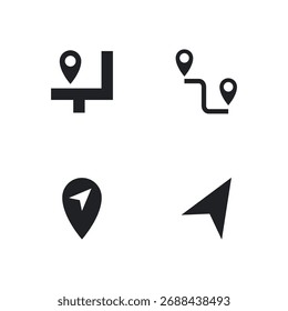 Filled vector icons for map route and navigation direction