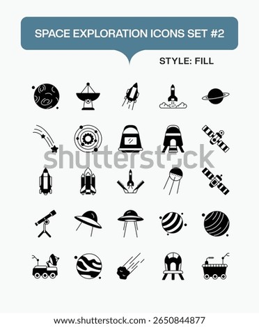 Filled Vector Space Icons Pack – Astronaut, Rocket, Planet, Satellite, and Outer Space Symbols
