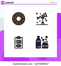 Paquete plano de color de 4 símbolos universales de donut; trabajo; astronomía; telescopio; lista de elementos de diseño de vectores editables