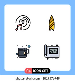 Filledline Flat Color Pack of 4 Universal Symbols of cd disk; tea; recreation; surfing; design Editable Vector Design Elements