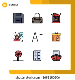 Filledline Flat Color Pack of 9 Universal Symbols of gift box; decrease; flammable; celebrate; power Editable Vector Design Elements