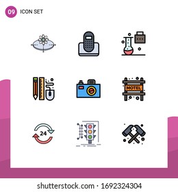 Filledline Flat Color Pack of 9 Universal Symbols of pen; drawing; device; science portfolio; science education Editable Vector Design Elements