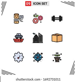 Filledline Flat Color Pack of 9 Universal Symbols of building; transport; gym; ship; car Editable Vector Design Elements