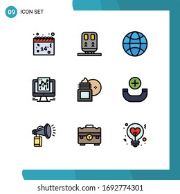 Filledline Flat Color Pack of 9 Universal Symbols of body soothing; body lotion; globe; web; data Editable Vector Design Elements