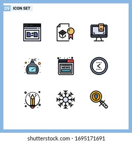 Filledline Flat Color Pack of 9 Universal Symbols of article; perfume; study; bottle; monitor Editable Vector Design Elements
