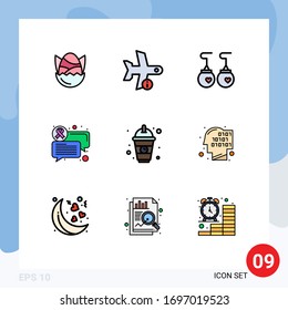 Filledline Flat Color Pack of 9 Universal Symbols of beverage; communication; transport; chat; clothing Editable Vector Design Elements