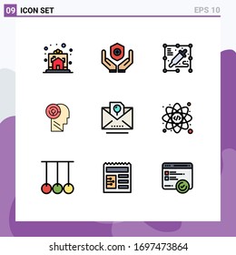 Filledline Flat Color Pack of 9 Universal Symbols of holiday; target; handcare; mind; head Editable Vector Design Elements