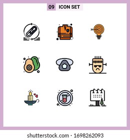 Filledline Flat Color Pack of 9 Universal Symbols of healthy food; fruit; target; food; bulb Editable Vector Design Elements