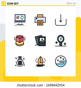 Filledline Flat Color Pack of 9 Universal Symbols of photo; gallery; download; design; cube Editable Vector Design Elements