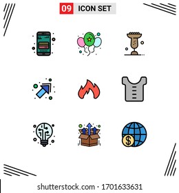 Filledline Flat Color Pack of 9 Universal Symbols of fire place; fire; bowl; right; arrow Editable Vector Design Elements