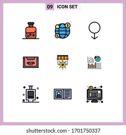 Filledline Flat Color Pack of 9 Universal Symbols of goal; shop; male; deck; cassette Editable Vector Design Elements