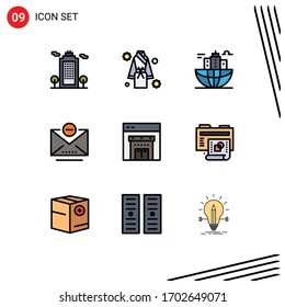 Paquete plano de color de 9 símbolos universales en línea; correo; spa; correo electrónico; elementos de diseño de vectores editables globales
