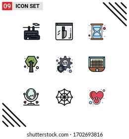 Filledline Flat Color Pack of 9 Universal Symbols of gate; protection; efficiency; plant; ecology Editable Vector Design Elements