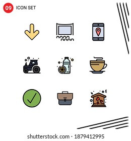 Filledline Flat Color Pack of 9 Universal Symbols of healthy; bottle; mobile; tractor; farm Editable Vector Design Elements