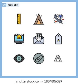 Filledline Flat Color Pack of 9 Universal Symbols of chat; business; help; real estate; online Editable Vector Design Elements
