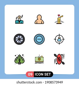Filledline Flat Color Pack of 9 Universal Symbols of less; no; love; wheel; mechanics Editable Vector Design Elements