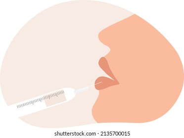 Filler injection concept. Serum syringe injects filler to lip of woman vector illustration. Plastic, aesthetic cosmetology beauty treatment concept