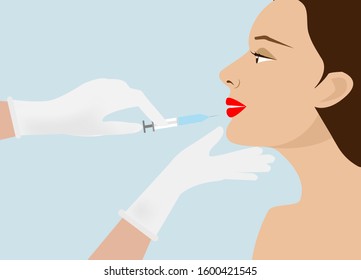 Filler Injection.Doctor hands wearing hygiene gloves  inject filler serum syringe to lips of beautiful woman. Idea for plastic surgery,cosmetology and professional skin treatment. Vector Illustration.