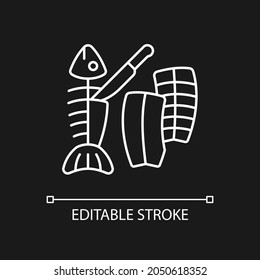 Fillet carving white linear icon for dark theme. Slicing fish flesh. Boneless seafood product. Thin line customizable illustration. Isolated vector contour symbol for night mode. Editable stroke