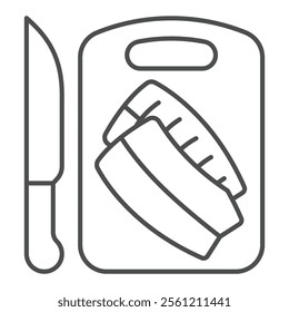 Fillet of fish on cutting board and knife thin line icon, fishery cooking concept. Vector graphics. Fresh fish sign on white background, outline style icon for mobile or web design