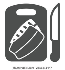 Fillet of fish on cutting board and knife solid icon, fishery cooking concept. Vector graphics. Fresh fish sign on white background, glyph style icon for mobile or web design