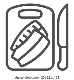 Fillet of fish on cutting board and knife line icon, fishery cooking concept. Vector graphics. Fresh fish sign on white background, outline style icon for mobile or web design