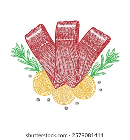 Fillet of red fish, sliced, with lemon and herbs. Hand-drawn vector illustration. A color image of a fish dish. On a white background. For menus, recipe books, packages, labels, invitations, banners.