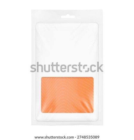 Fillet salmon sliced in clear tray container mockup. Vector illustration isolated on white background. The translucent layer perfectly simulates the top stretched layer of plastic. EPS10.