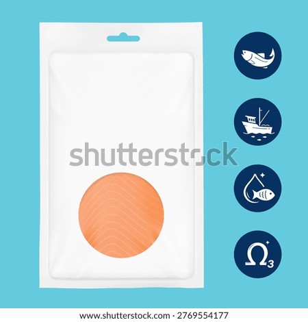 Fillet salmon sliced in clear tray container mockup with set icons. Vector illustration on colour background. The translucent layer perfectly simulates the top stretched layer of plastic. EPS10.