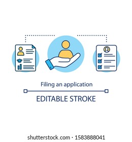 Filling an application concept icon. Submission of documents. Recruitment service. Suitable candidate. Staff search idea thin line illustration. Vector isolated outline drawing. Editable stroke