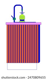 Filling bottle with water in kitchen sink 2D linear cartoon object. Reusable container for drinks isolated line vector element white background. Pouring water from tap color flat spot illustration