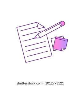 Filling the brief for work. Document with pen and stickers. Vector line icon