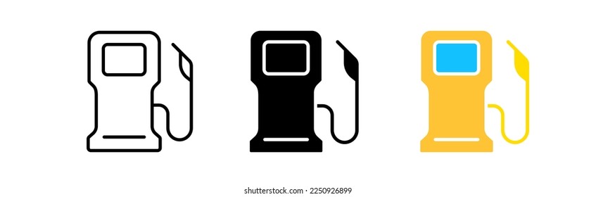 Filling column icons set. Gasoline, fuel, refueling, car, work, price, purchase, volume, service, way, travel. Technology concept. Vector line icon in different styles