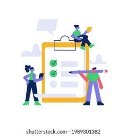 Filling form, checklist or to do list. Online exam, test, tax or application form. Vector people fill out feedback and questionnaire, survey and report flat illustration