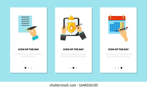 Filling form flat icon set. Document, report, writing isolated vector sign pack. Scheduling and reporting concept. Vector illustration symbol elements for web design and apps