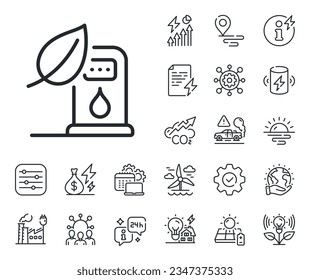 Filling gas station sign. Energy, Co2 exhaust and solar panel outline icons. Petrol station line icon. Diesel fuel symbol. Petrol station line sign. Eco electric or wind power icon. Vector