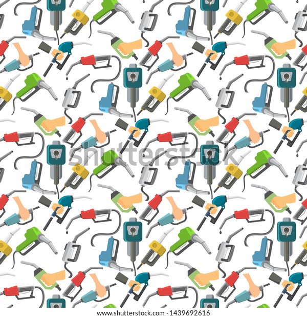 Filling gasoline station pistol in people\
hands refinery industry refueling petroleum tank service tool\
seamless pattern background vector\
illustration