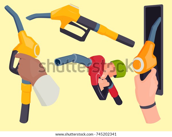 Filling\
gasoline station pistol in people hands refinery refueling\
petroleum tank service tool vector\
illustration