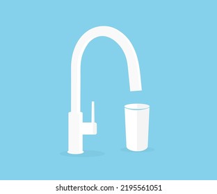 Llenando un vaso con agua potable del diseño del logo del grifo de la cocina. Vidrio de agua limpia. Bebida de copa rellena. Vierta bebida fresca. Hidratación. Salud. Diseño vectorial de estilo de vida saludable.