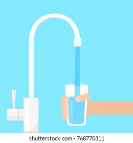 filling glass with water from filter tap. Vector image