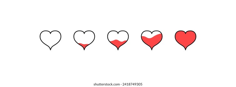 Filling hearts icons set. Flat style. Vector icons