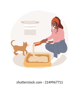 Llenando la caja de la basura aislada ilustración vectorial de dibujos animados. Gente cuidando de una mascota, rutina diaria, mujer vertiendo un relleno en la bandeja del inodoro, llenando una caricatura vectorial de una caja de basura del gato.