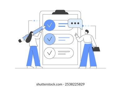 Filling online survey form on gadgets, to do list paper note. Online survey. Customer service and user experience concept. Vector Illustration, icon. Stylish, Minimalist line, abstract