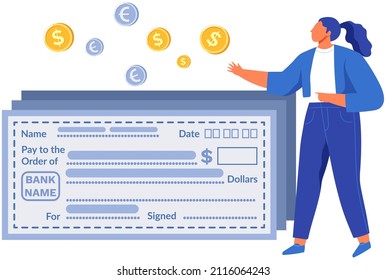 Filling out bank check to transfer funds. Woman working with banking and money. Currency transactions, bill payments, taxation. Businesswoman next to security paper for owner bank account data