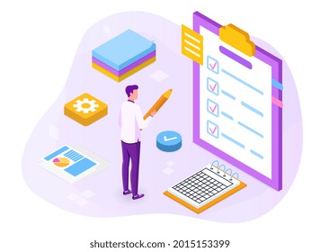 Filling out checklist in mobile application. To do list, successful work planning, mission completed concept for web or landing page, ui, banner, presentation. Isometric cartoon vector illustration
