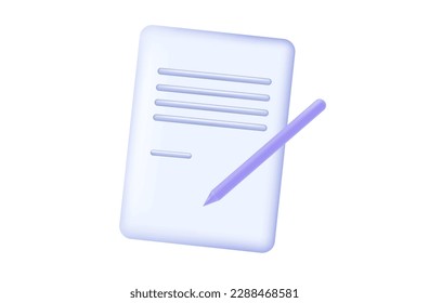 Filling out document 3d. Paper page for signature, white sheet with pen. Completed financial form, business document, survey or tax. Vector icon of filling out a report, project information, contract 