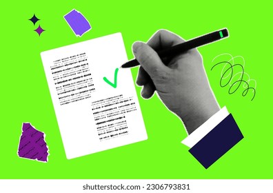 Filling out a document, halftone collage. Submit, approved signing, verification business document, marked with a green tick. Female hand ticks test, quiz, fills out checklist. Correct info. Vector